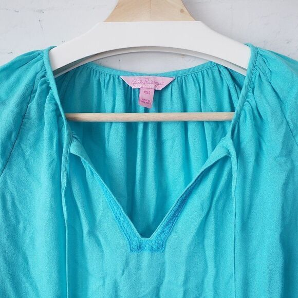 Lilly Pulitzer Willa Embroidered Top Size XXS Aqua Blue Boho Coastal Tassels - Picture 4 of 9